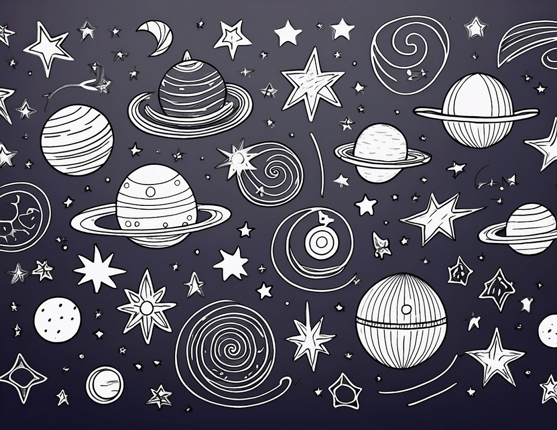 Dibuix en blanc i negre amb formes esfèriques que representen planetes, galàxies i formes en forma d'estrella amb diverses puntes