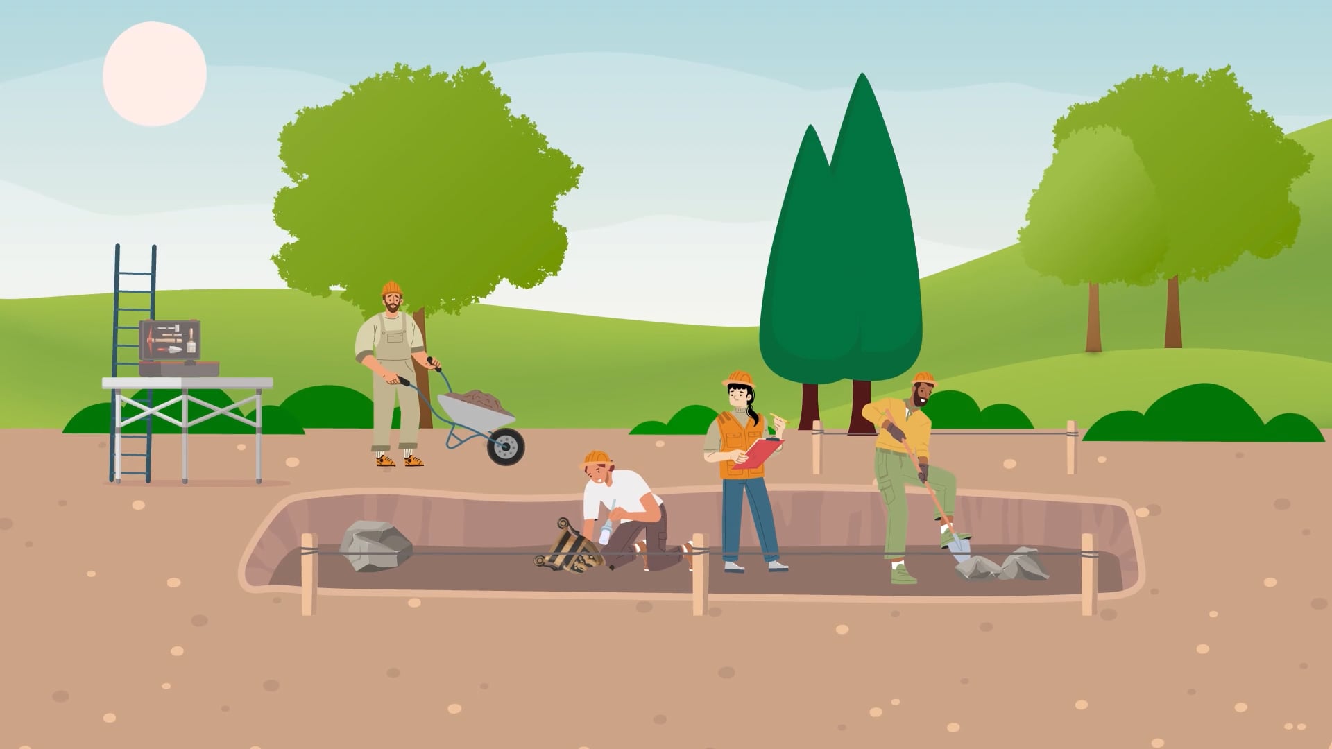 Dibuix d'un equip d'arqueòlegs treballant a la natura. 